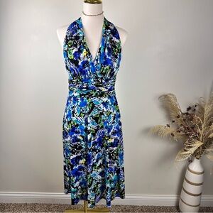 Evan-Picone Blue Floral Sleeveless Halter Midi Dress Size 6